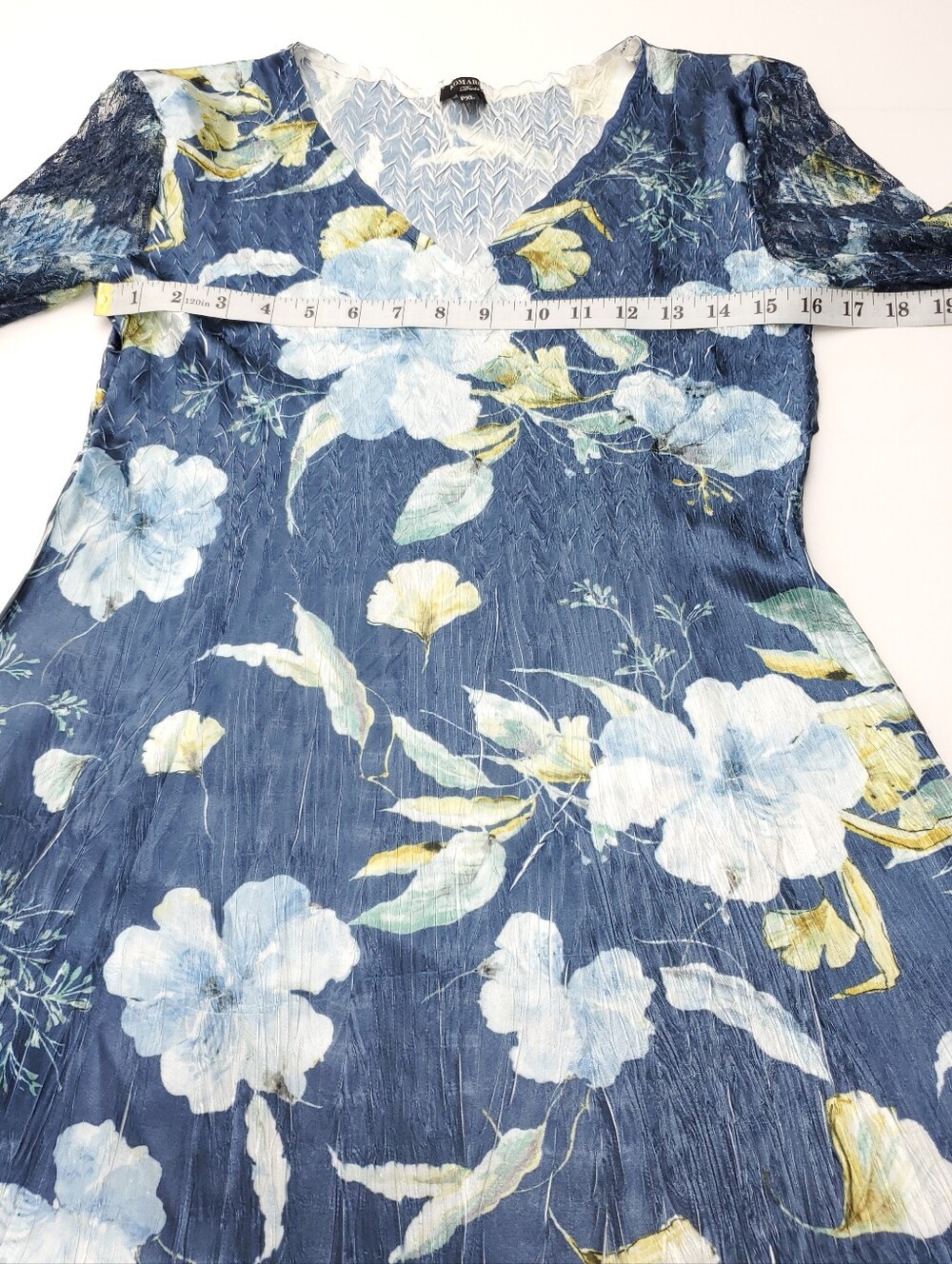 Komarov Lace Sleeve Charmeuse & Chiffon Blue Floral Evening Cocktail Dress PXL - Picture 7 of 14